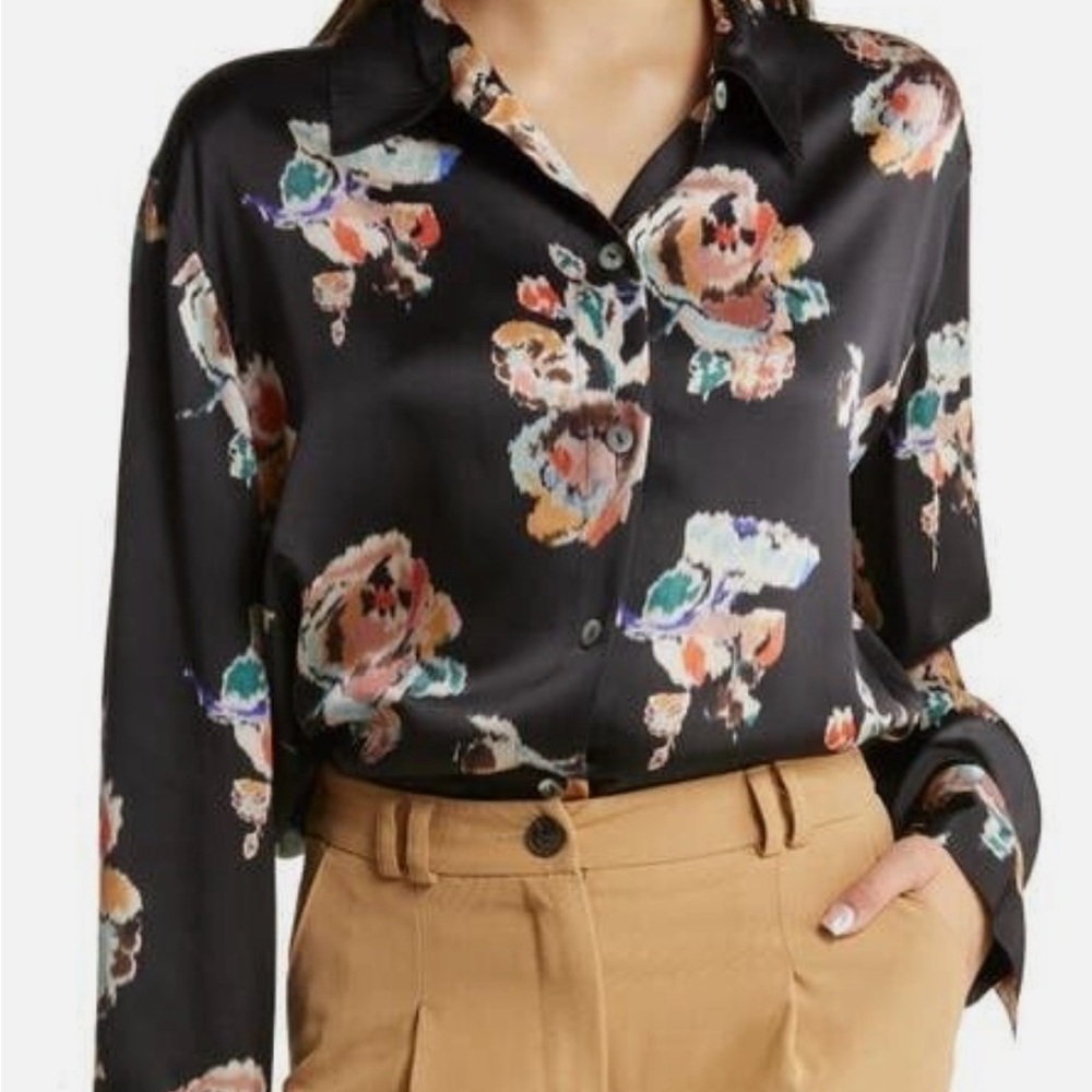 Vince women's Ikat Black Floral Print Silk Blouse Top